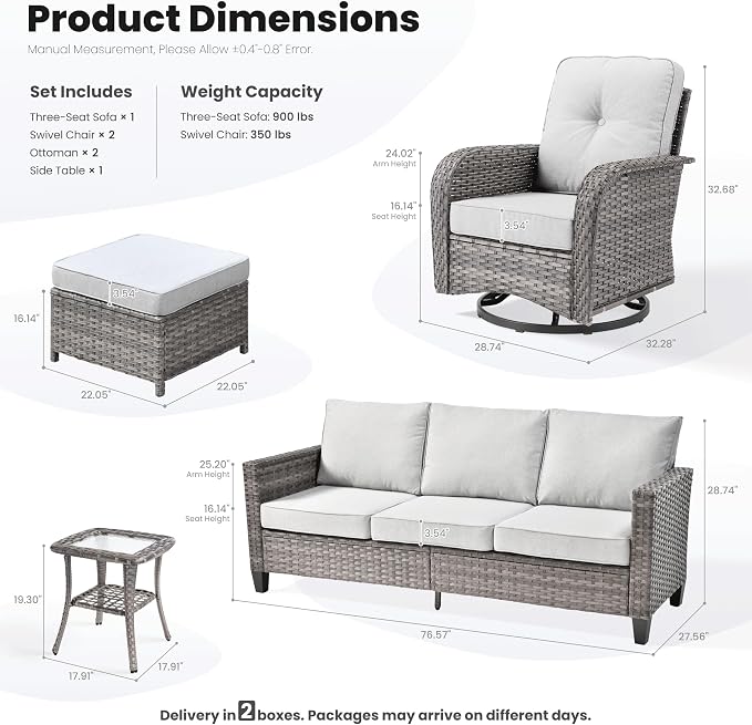 ovios 6 Pieces Patio Furniture Set, Outdoor Wicker Sofa Couch with Swivel Glider Chairs Comfy Cushions, Modern Deep Seat Rattan Conversation Sets for Deck Porch, Grey