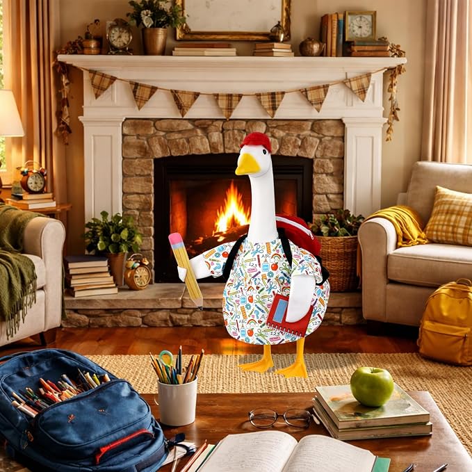 Back to School Porch Goose Outfits Goose Costume for School Outdoor Decor | Fits 23'' Plastic/Cement Statues, with School Bag, Pencil, and Notebook, for Classroom Garden Yard Patio Decoration