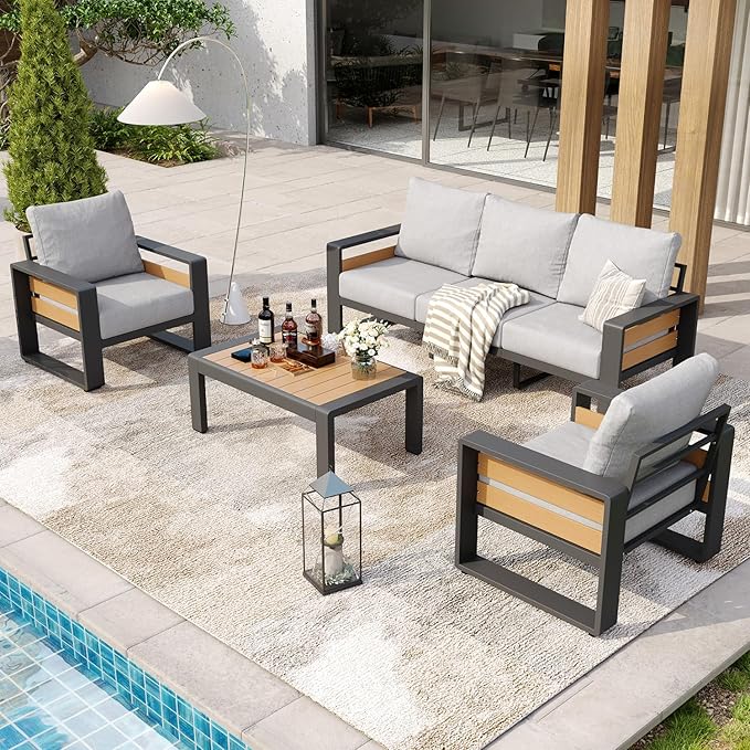 Aoxun Aluminum Patio Furniture Set, 5 Seats Luxury Outdoor Sectional with 6" Olefin Fabric Cushions, Patio Conversation Sets with Coffee Table for Backyard, Porch Light Grey