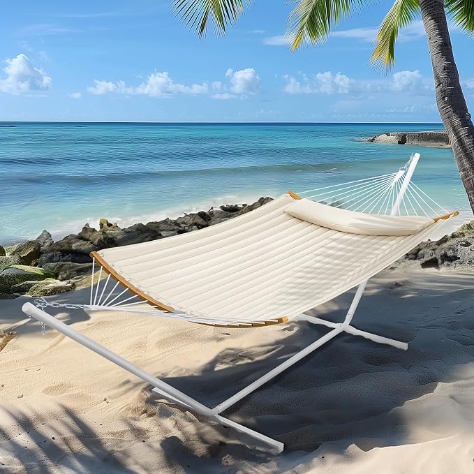 SUPERJARE Hammock with Stand, 2 Person Heavy Duty Hammock with Padded Cotton, Detachable Pillow & Strong Curved-Bar & Portable Carrying Bag, Perfect for Outdoor & Indoor, Beige