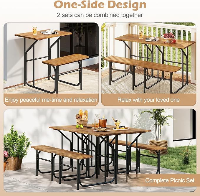 Tangkula Patio Dining Bench Set, Heavy-Duty Outdoor Acacia Wood Dining Furniture with Metal Legs for Balcony, Backyard, Poolside, Garden (1,32” x 27.5” x 29.5”)