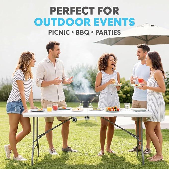 SIMPLI-Magic White Foldable Table (6FT), 2-Pack Indoor/Outdoor Folding Utility Tables with Carry Handle for Parties, Events, Crafts, and Picnics