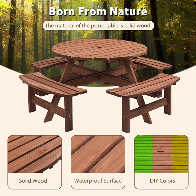 Thanaddo 8-Person Outdoor Circular Wooden Picnic Table, Camping Dining Table w/ 4 Built-in Benches, Outside Table Set with Umbrella Hole, 2220lb Capacity for Garden Patio Backyard - Brown