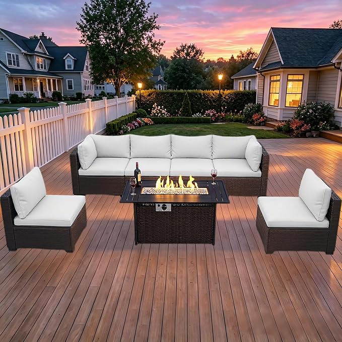 LEVELEVE 8-Piece Wicker Patio Conversation Set with 44" Propane Fire Pit Table, Cozy Outdoor Sectional Sofa for Backyard Gatherings, Poolside Lounging & Garden Parties