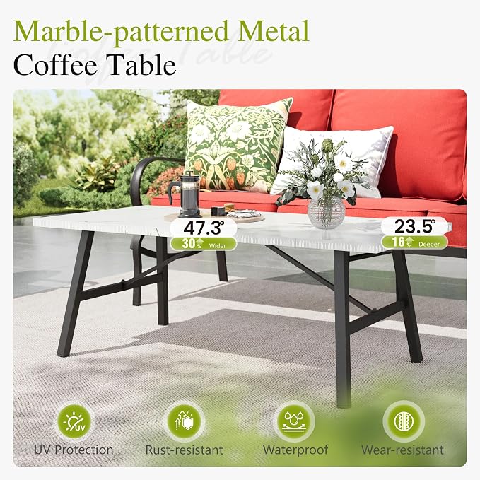 Sophia & William Patio Furniture Sets 7 Seats Outdoor Conversation Set 6 Pcs,2 x Cushioned Swivel Sofa Chairs,1 x 3-Seat Sofa,2 Ottomans, Marbling Metal Coffee Table Patio Backyard Poolside Red