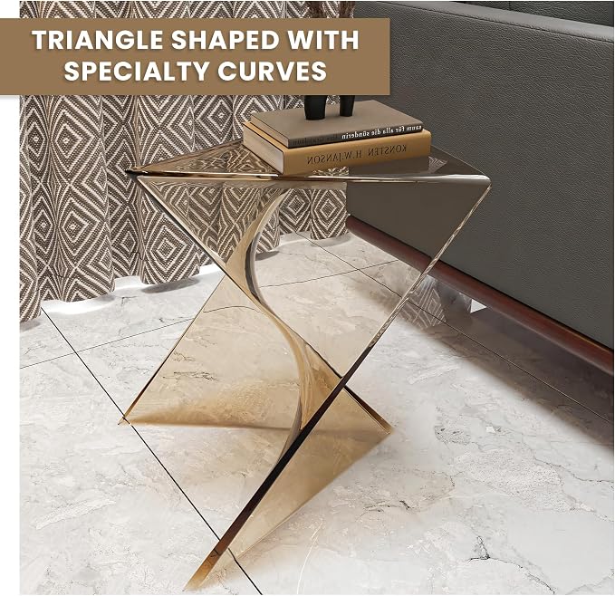 LeisureMod 15.75" Triangular Side Table, Stackable Plastic Accent End Table for Indoor & Outdoor Use, Weather-Resistant Modern Patio & Living Room Table, Set of 4, Amber (Transparent)