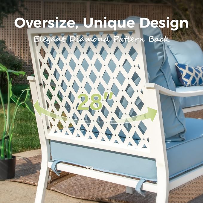 MIXPATIO 5 Piece Patio Furniture Set, 2 x Fixed Chair, 1 x 2-Seat Sofa, 1 x 3-Seat Sofa with Marbling Coffee Table, All Cushioned 7 Seats Outdoor Conversation Set for Lawn Garden Backyard, Blue