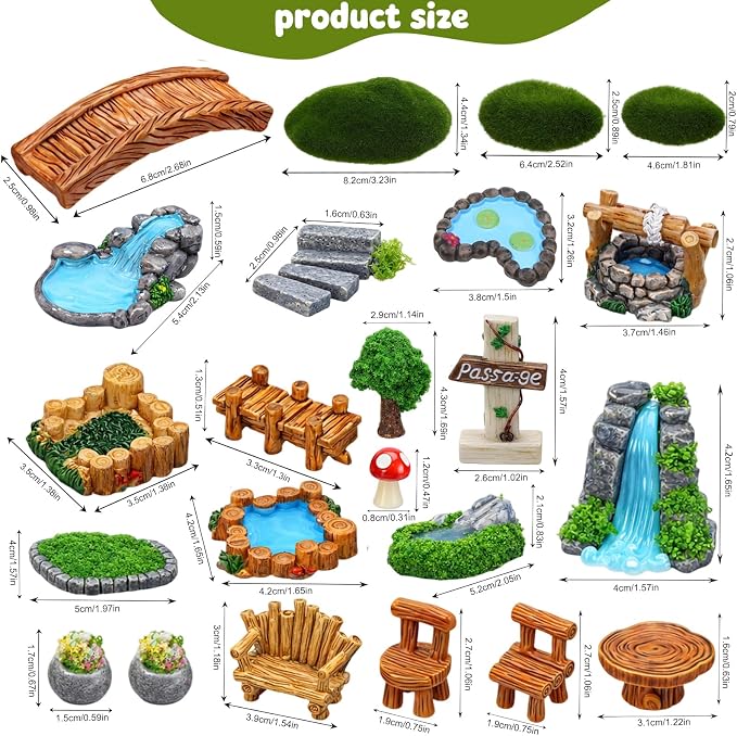 Mini Fairy Garden Accessories, Miniature Landscape Decorations Included Mini Bridge Pond Water Well for DIY Craft Lawn Pond Decor