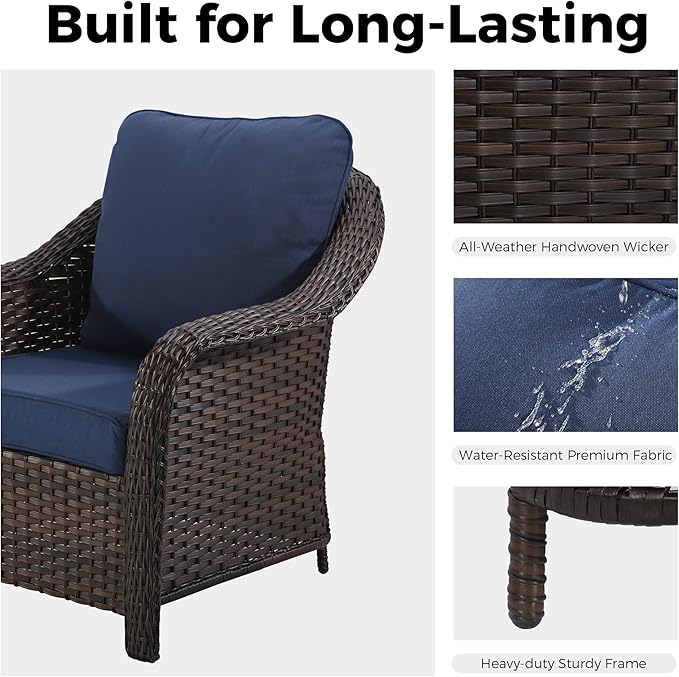 Outdoor Wicker Chair Set of 2, All-Weather Use Patio Rattan Chair with Seat and Back Cushion, Ideal for Porch, Backyard, Balcony, Poolside, Blue