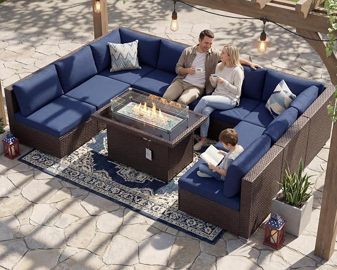 BULEXYARD 9 Piece High Back Outdoor Sectional Couch Set with Fire Pit, Luxury Weather-Resistant Patio Furniture Set, Large Size 8-Person Backyard Seating Group L-Shape for Exterior, Brown & Navy Blue