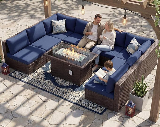 BULEXYARD 9 Piece High Back Outdoor Sectional Couch Set with Fire Pit, Luxury Weather-Resistant Patio Furniture Set, Large Size 8-Person Backyard Seating Group L-Shape for Exterior, Brown & Navy Blue