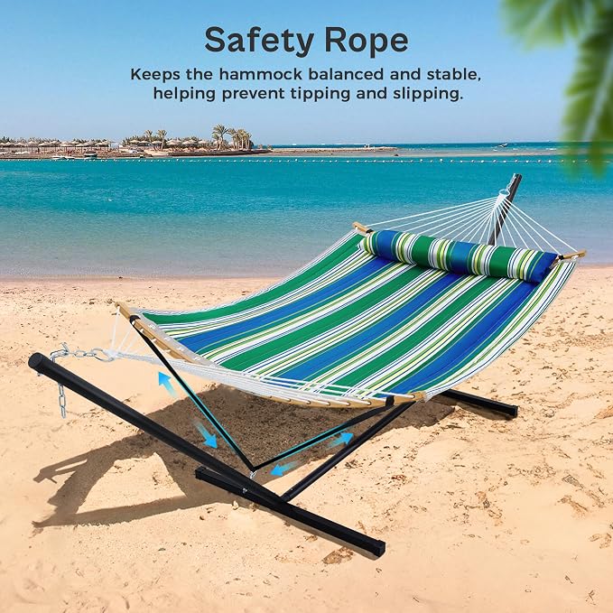 SUPERJARE Curved-Bar Hammock with Stand, 2 Person Heavy Duty Hammock Frame, Detachable Pillow & Portable Carrying Bag, Perfect for Outdoor & Indoor, Green Bold Stripe