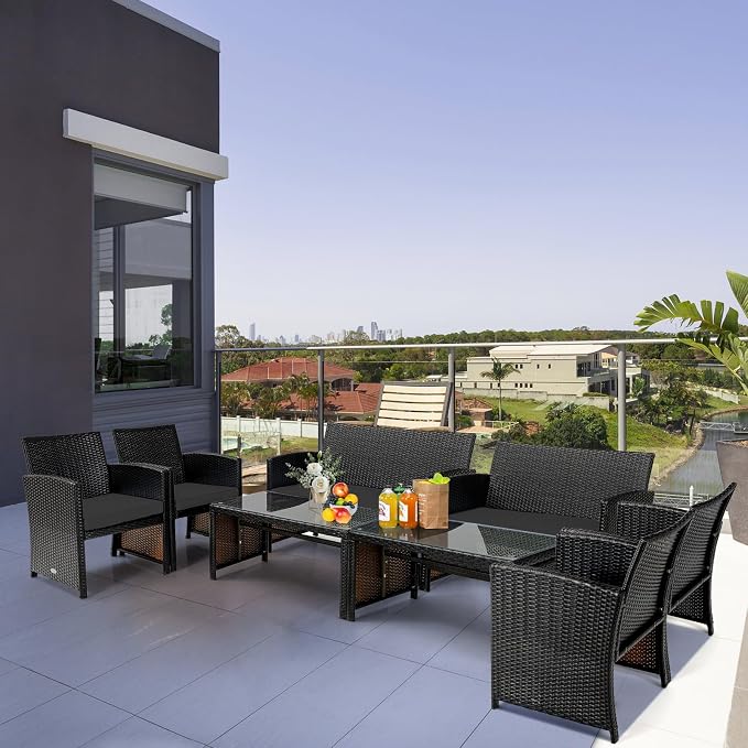 Tangkula 4 Pieces Rattan Furniture Set, Outdoor Conversation Set w/Chair & Loveseat & Tempered Glass Coffee Table, Suitable for Garden, Backyard, Poolside, Patio Furniture Set for 4 (2, Black)