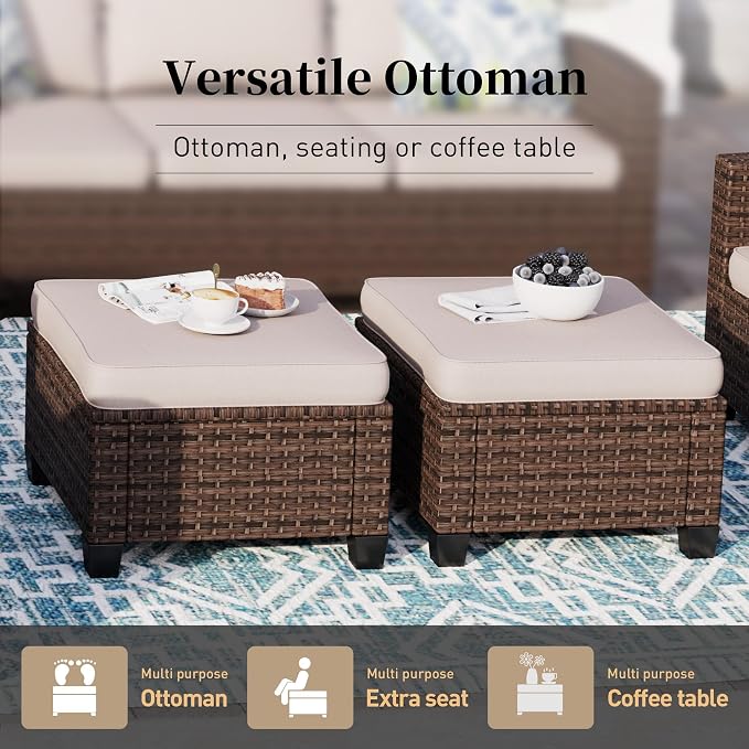 SUNSHINE VALLEY Outdoor Patio Furniture Set, 5-Seat L-Shaped Patio Couch Set with 2 Ottomans, Durable Rattan Outdoor Sofa Set for Small Patios, Modular Outdoor Couch Set for All-Weather Use, Beige