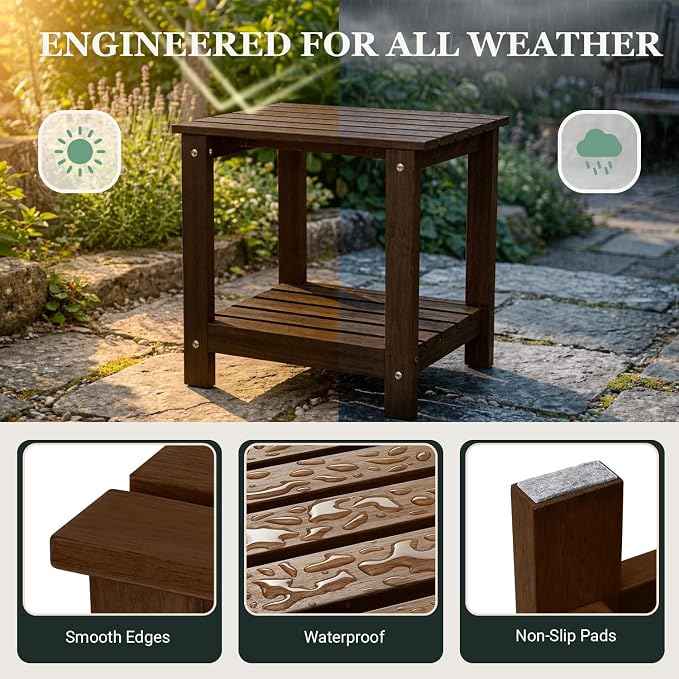 Premium 2-Tier Eucalyptus Wood Side Table with Slatted Storage Shelf, 13" x 16" x 17.5", Wooden Accent Table for Living Room, Entryway or Bedside (Brown)