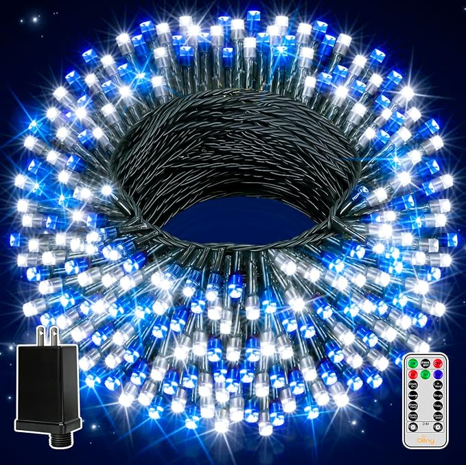 Ollny Christmas Lights Outdoor Indoor Decor, 132FT 400LED Blue & White String Lights 8 Modes Plug in Waterproof, Xmas Fairy Lights with Remote for Tree House Holiday Yard Bedroom Home Party