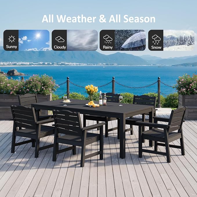 Outdoor Dining Table, Weatherproof 63" Rectangle HIPS Patio Dining Table for 6, with 2" Umbrella Hole, Outdoor Table for Backyard Deck Poolside, Black