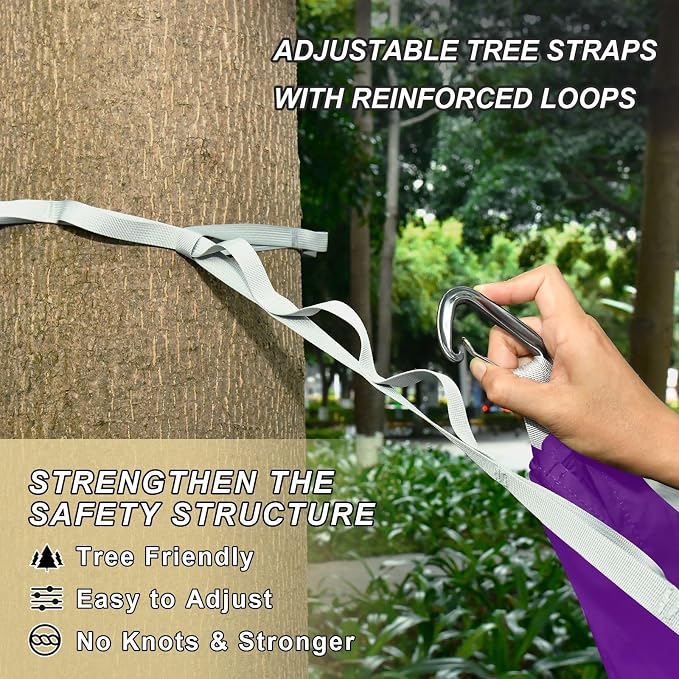 Purple Solid Color Camping Hammock, Portable Lightweight Single Hammock with Tree Straps and Aluminum Carabiners, 114" x 54" Travel Hammock for Hiking Backpacking Beach