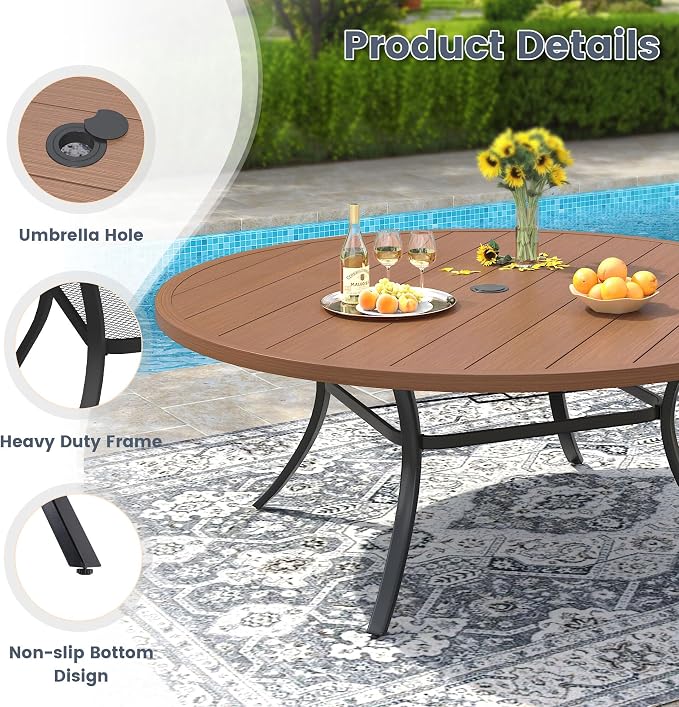 VICLLAX 63" Outdoor Patio Dining Table for 8-10, Metal Round Table with Umbrella Hole for Deck Lawn Garden Backyard, Walnut