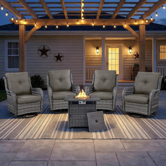 Wicker Patio Furniture Set- 4 Pieces Outdoor Swivel Rocker Chairs with 50,000 BTU Fire Pit Table,PE Rattan Outdoor Conversation Set for Garden Porch Deck