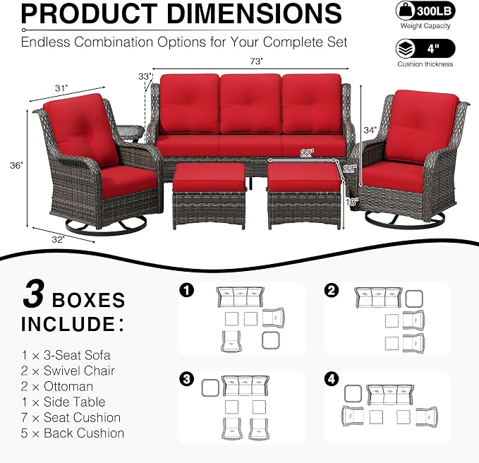 Joyside 6 Piece Wicker Patio Furniture Set, Outdoor Swivel Rocker Patio Chairs with High Back, Deep Seating, Wide Armrest, Thickened Cushions, Outdoor Furniture for Deck, Porch Use