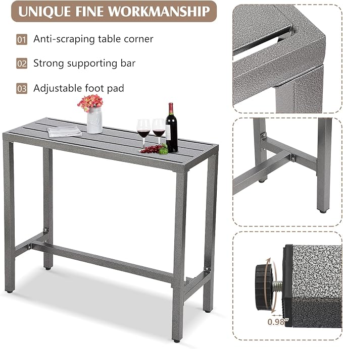 Outdoor Patio Counter Height Bar Table, 47" Rectangle for Patio, Garden, Yard, Balcony, Poolside