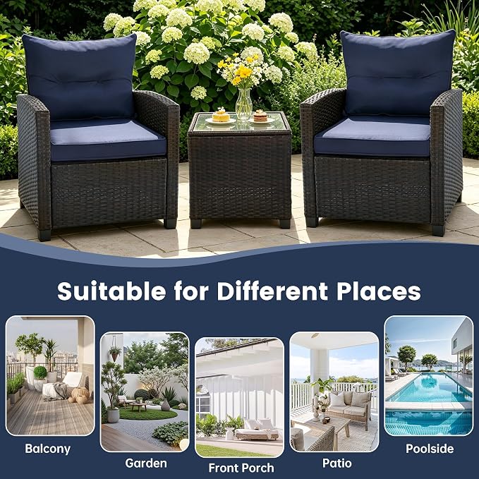 SHGJ&SOFT 3 Pieces Patio Furniture Set, Outdoor Conversation Set with Cushions, PE Rattan Wicker Bistro Set and Tempered Glass Tabletop, Outdoor Rattan Sofa for Poolside,Porch,Balcony (Navy Blue)