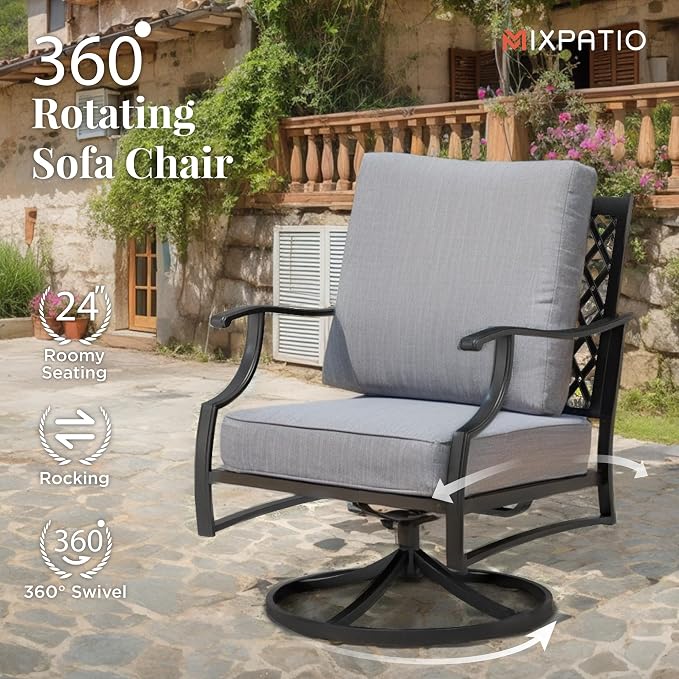 MIXPATIO Patio Furniture Set 6 pcs, Outdoor Patio Furniture, 1 X 3-Seat Sofa, 2 X Single Chairs, 2 X Swivel Chairs, 1 X Coffee Table and 5.75" Extra Thick Cushion, Patio Conversation Set,Grey