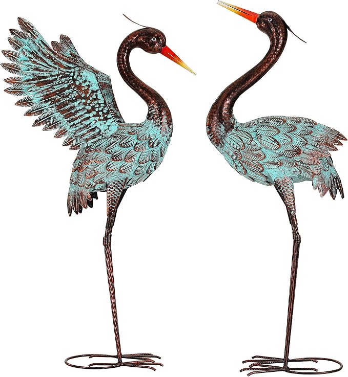 36.8" Blue Heron Decor, Metal Crane Statue Handcrafted | Extra-Large Garden Bird Animal Yard Art, Lawn Ornament Decor, Stable U-Ground Stakes, Backyard Decoration