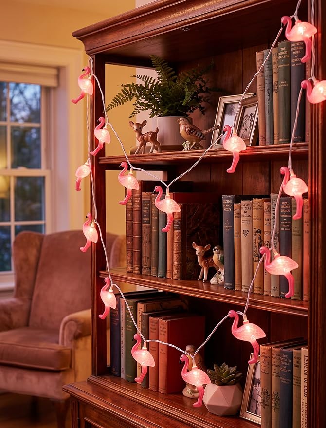 8.5Ft Summer Themed Tropical Beach Lights, 10L Pink Flamingo String Lights | Indoor Outdoor LED Party Lights for Bedroom Birthday Wedding Holiday Hawaiian Tiki Tropical Party Décor