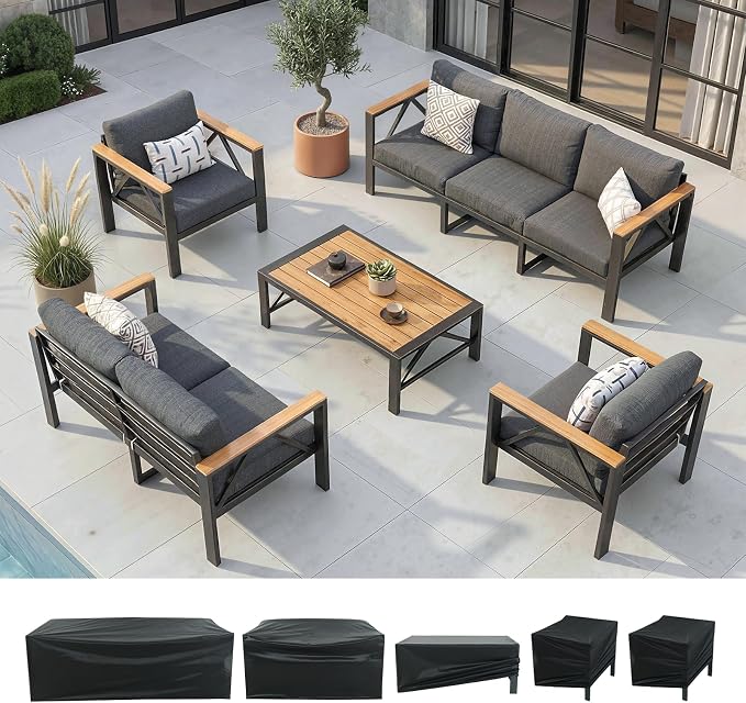 INGEROOM 5 Piece Aluminum Outdoor Patio Furniture Set with Waterproof Cover, 7-Seat Patio Conversation Sets with Coffee Table, Outdoor Sectional Furniture Set for Porch, Balcony, Deck, Dark Gray