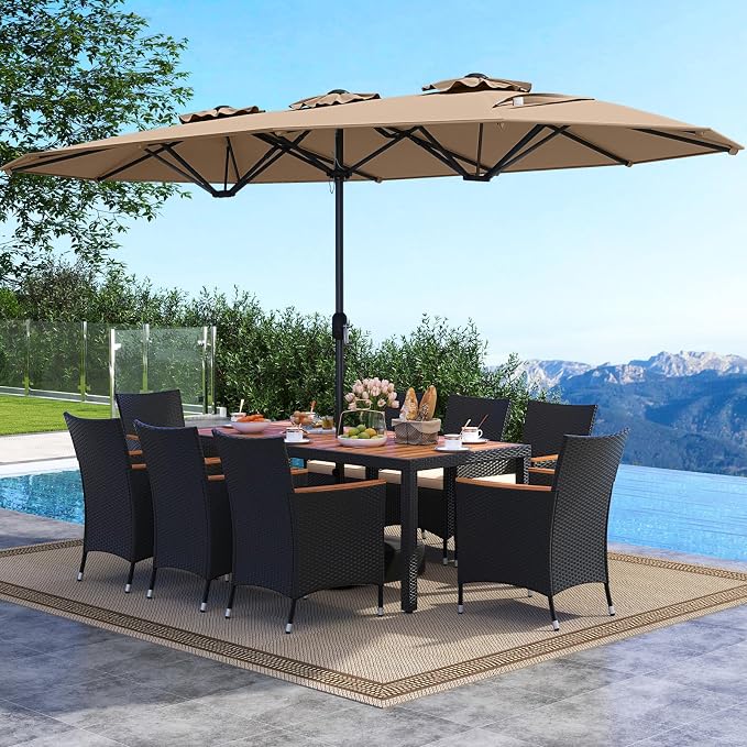 Tangkula 11 Piece Patio Wicker Dining Set w/Double-Sided Patio Umbrella, 8 Stackable Cushioned Chairs, 71" Acacia Wood Dining Table & 15 ft Umbrella with Weighted Base (Coffee+Off White)