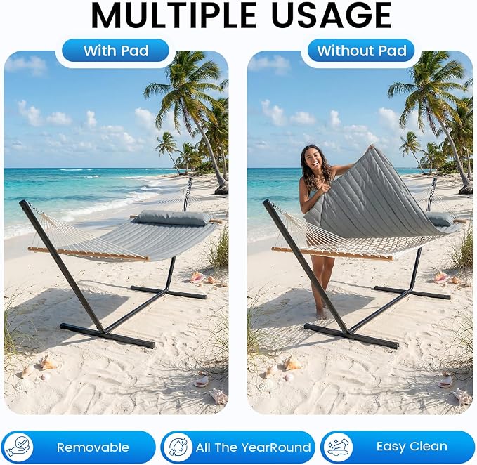 ANAGOO Double Hammock with Stand – Portable Cotton Rope Hammock with Removable Quilted Pad & Pillow, Adjustable Steel Frame for Patio, Backyard, Garden, Park, Camping & Outdoor Relaxation – Gray