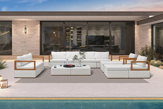 PURPLE LEAF Patio Outdoor Furniture Set 12 Pieces, Premium Leather Outdoor Couch Sectional Sofa, Patio Conversation Sets with Olefin Cushions, Patio Couch for Porch, Balcony, Garden, White