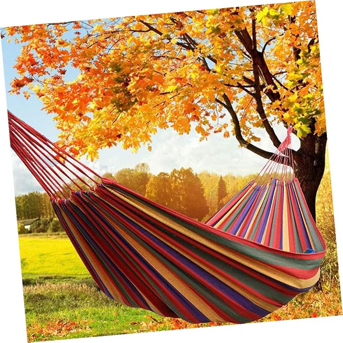 Toddmomy Outdoor Camping Striped Hammock Portable Canvas Hammock for Garden Indoor Use Lightweight Comfortable Easy to Assemble for Hiking Traveling Relaxation European Rainbow