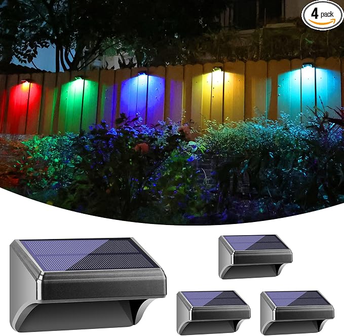 Bridika Fence Solar Lights Outdoor Waterproof Warm White & Color Glow LED, Solar Outdoor Wall Lights for Backyard, Patio, Deck Railing, Stair Handrail, Pool and Wall (4 Packs)