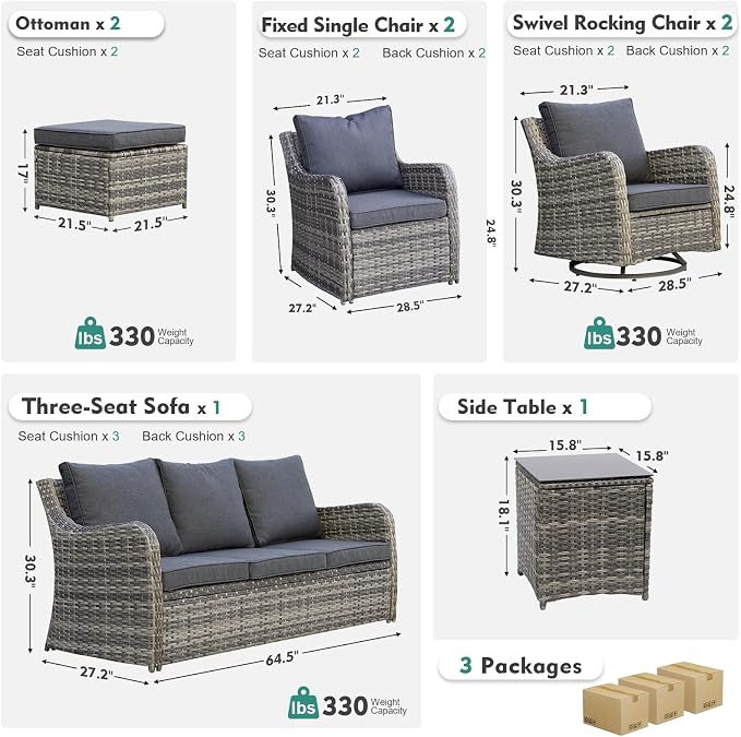 MEISSALIVVE 8 Pieces Patio Furniture Set with Swivel Chair, Wicker Patio Sofa, Rattan Conversation Set with Three-seat Sofa, 2 Fixed Single Chair for Lawn Backyard (Grey)