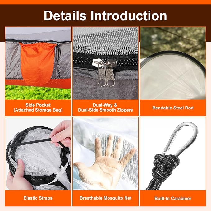 Camping Hammock with Mosquito Net, 3 in 1 Portable Hammock Tent 440lbs Capacity Attached Storage Pocket Single Nylon Hammock Set for Outdoor Travel Camping Hiking Backpacking (Orange Grey)