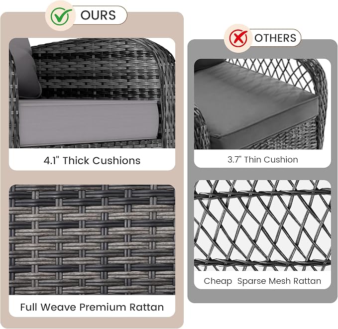 Kromax Outdoor Patio Furniture Set, All-Weather Wicker Swivel Glider Chairs Set of 2 with Coffee Table Table & Thick Machine Washable Cushions for Backyard, Garden, Porch, Grey/Grey