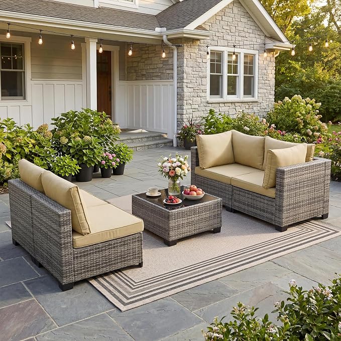 ANJ 5 Piece Outdoor Wicker Patio Furniture Set, Modular Loveseat Sofa with with Glass Top Coffee Table, All-Weather Rattan Conversation Couch Set for Balcony, Backyard, Light Grey Wicker-Camel