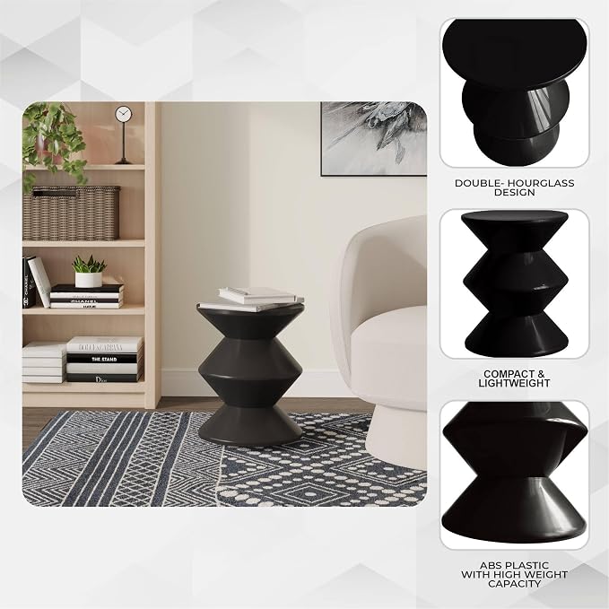LeisureMod Aura Collection Modern Round Side Table - Black ABS Plastic Double-Hourglass Pedestal - No Assembly Weatherproof Accent Furniture for Living Room, Patio & Outdoor Decor