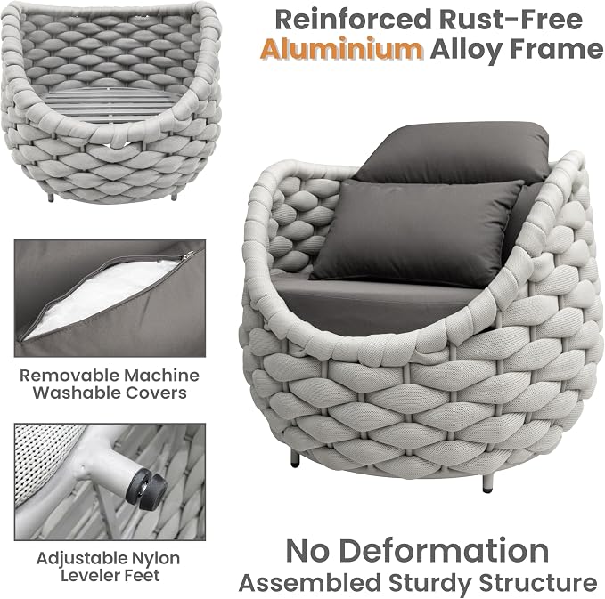 Aluminum Patio Furniture Set: 4 Pieces Woven Rope Outdoor Conversation Sofa Set Assembled - Modern Cushioned Armchair Couch Set for 660lbs Porch Deck Backyard Poolside Garden Drawing Room Hotel