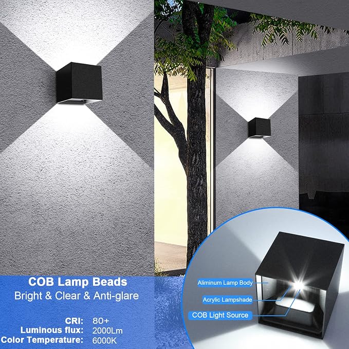 Juyace 2 Pack 20W 6000K LED Outdoor Sconce Wall Up and Down Exterior Light | 2000lm,hardwire,No photocell Light Fixture, up down Angle-Adjustable,Square 4.7",IP65 Waterproof for Porch Patio，White