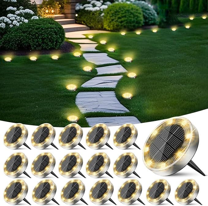 Solar Ground Lights Outdoor, 18 Pack Flat Solar Powered Disc Lights, IP68 Waterproof, Anti-Rust, Landscape Lighting for Pathway Garden Yard Lawn Walkway Landscape Driveway, Mini, Warm White