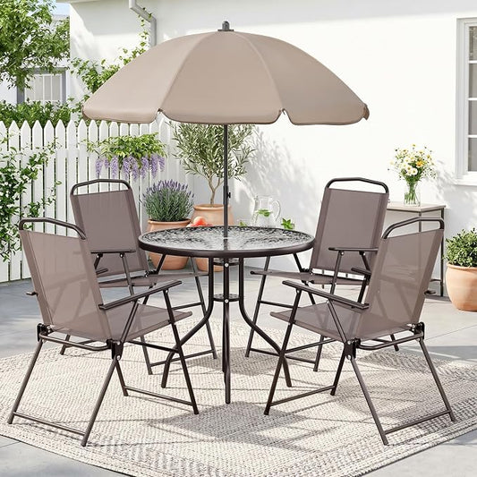 TLSUNNY 6 Pieces Patio Dining Set with 65″ Umbrella, Outdoor Table and Chairs with 31.5″ Round Glass Table, 4 Folding Textilene Chairs, Patio Dining Set W/Steel Frame, for Poolside, Backyard (Brown)