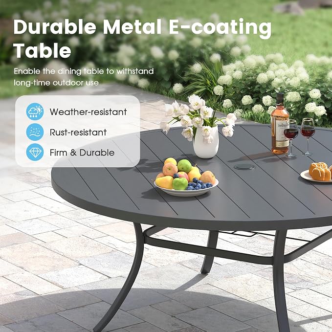 Patio Dining Table for 8-10, Round Metal Outdoor Table with 1.57" Umbrella Hole, 63" Outdoor Slat Tabletop Dining Table for Backyard, Porch, Lawn, Dark Grey