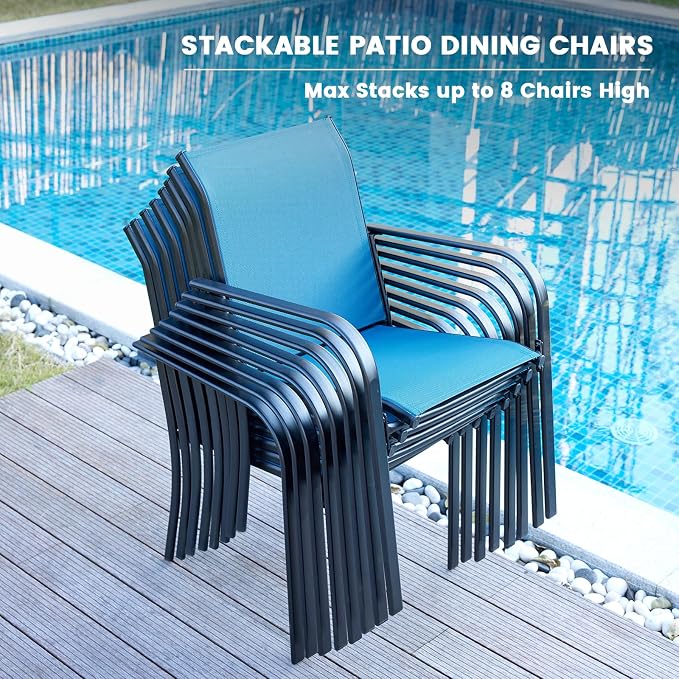 VICLLAX 5 Pieces Patio Dining Set, Patio Furniture Set of 4 Patio Stackable Dining Chairs and Outdoor Metal Square Table with Storage Shelf, Blue Chairs and Black Table