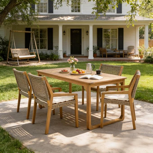 Christopher Knight Home Samma Acacia Wood Outdoor Dining Set for 4, Patio Dining Table Set for 4, Outdoor Dining Table and Sled Base, Dining Chairs with Cushion + Wicker Backrest, Teak+Brown+Cream