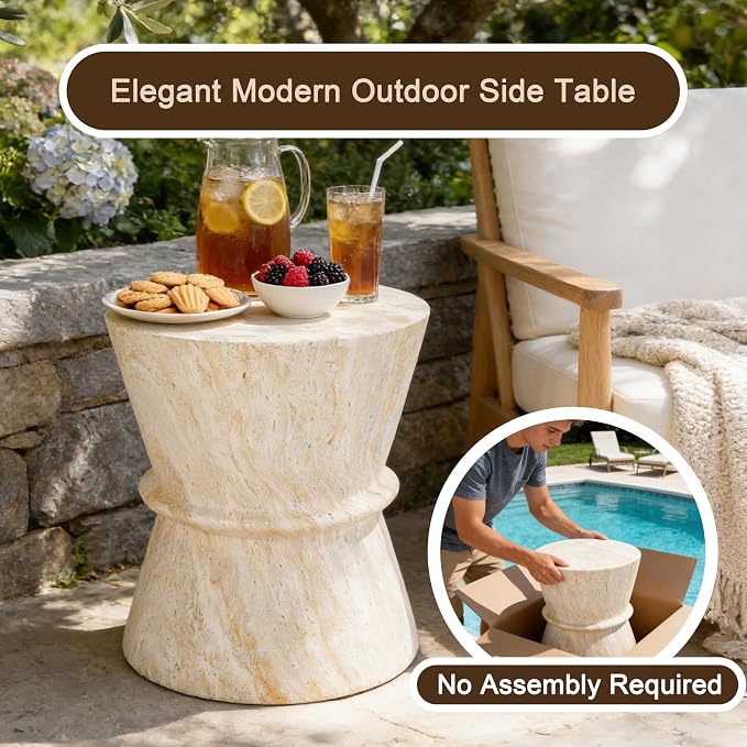 Round Outdoor Side Table, Modern MGO Concrete End Table with Faux Travertine Finish, Hourglass-Shaped Patio Side Table for Living Room Garden Balcony,Fully Assembled,Beige Travertine