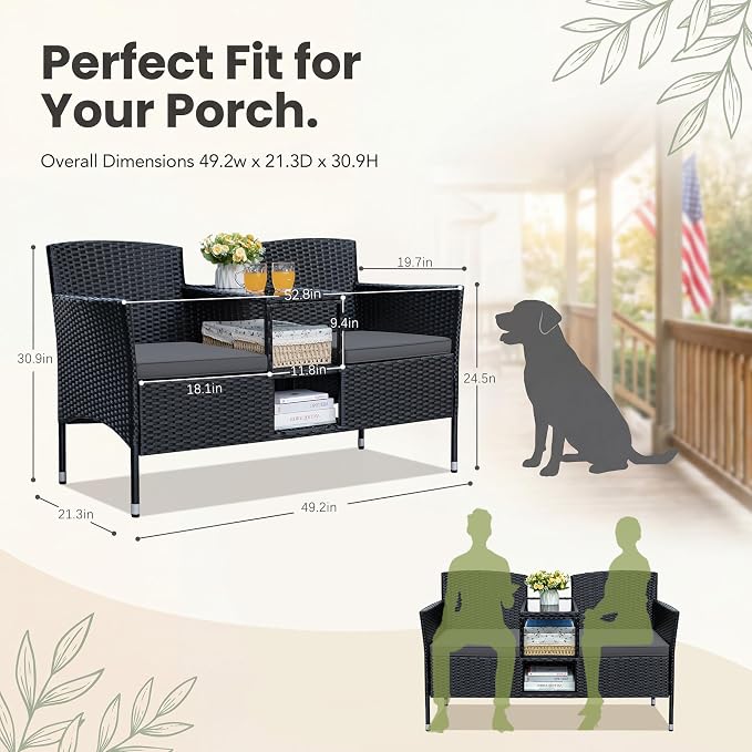 Devoko Outdoor Patio Loveseat Modern Rattan 2-Seat Patio Conversation Set with Cushions & Built-in Coffee Table Porch Furniture for Garden Lawn Backyard (Grey)